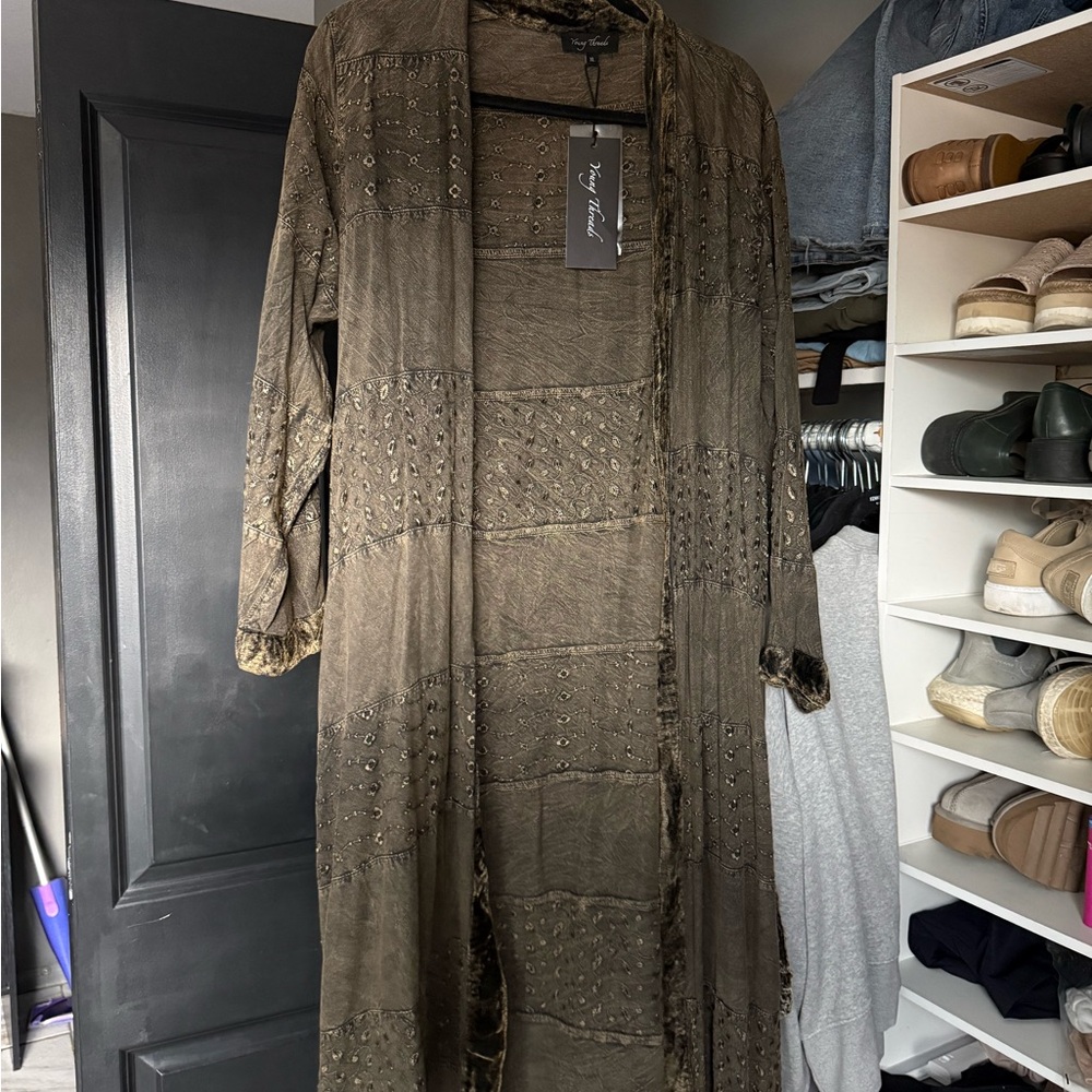 Olive Green Long Duster with Eyelet Details